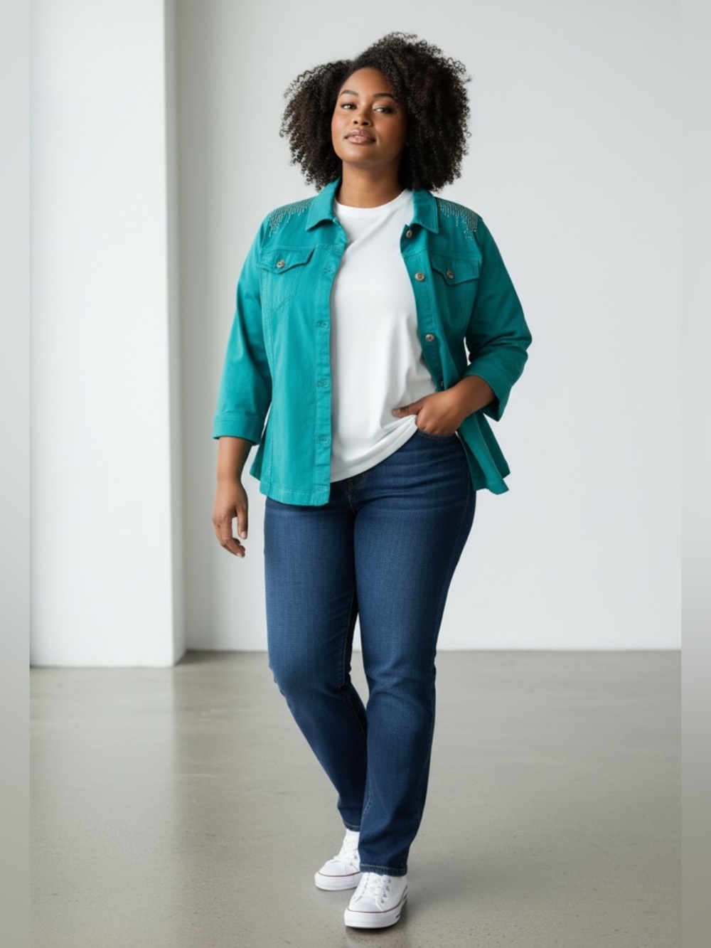 CJ Banks Turquoise Embellished Button-Front Women’s Lightweight Denim Jacket